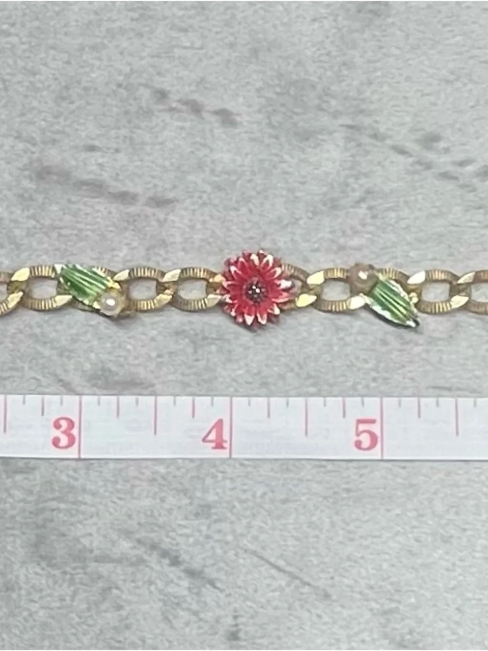 Vintage enamel and gold tone flower bracelet red floral faux pearl - cottagecore